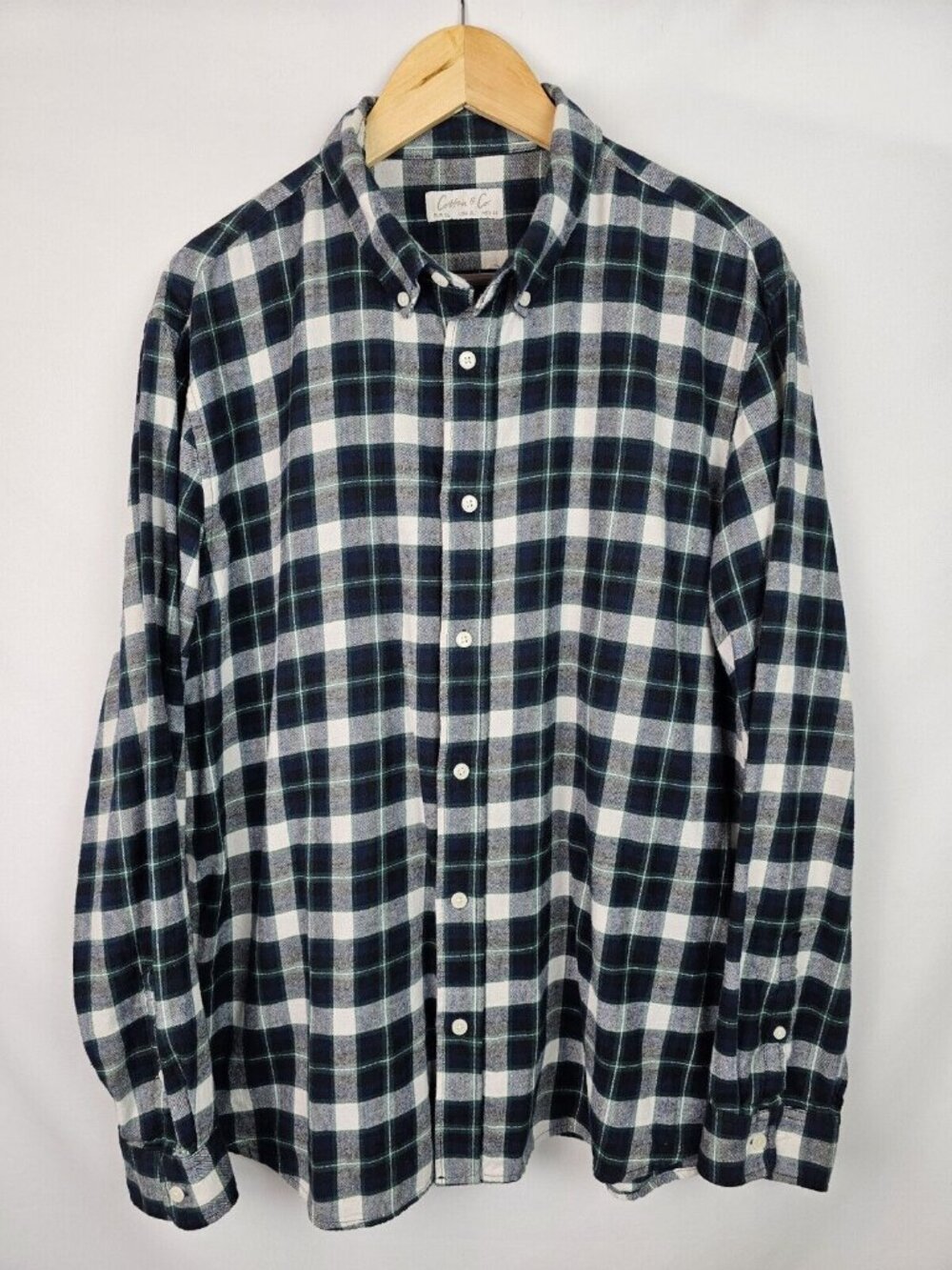 Cotton & Co Mens Flannel Shirt Size XL Blue Plaid Long Sleeve Button Down Top